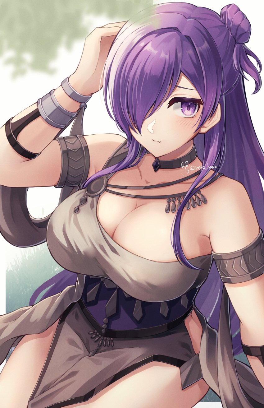 1girls :t absurdres alternate_costume armlet bangs bare_shoulders bracelet breasts choker cleavage closed_mouth dancer dancer_(three_houses) dress female female_only fire_emblem fire_emblem:_three_houses fire_emblem_warriors:_three_hopes greek_clothes hair_bun hair_over_one_eye highres jewelry large_breasts light-skinned_female light_skin long_hair looking_at_viewer nintendo pout purple_eyes purple_hair reia_hana shez_(female)_(fire_emblem) shez_(fire_emblem) simple_background single-shoulder_dress single_hair_bun solo