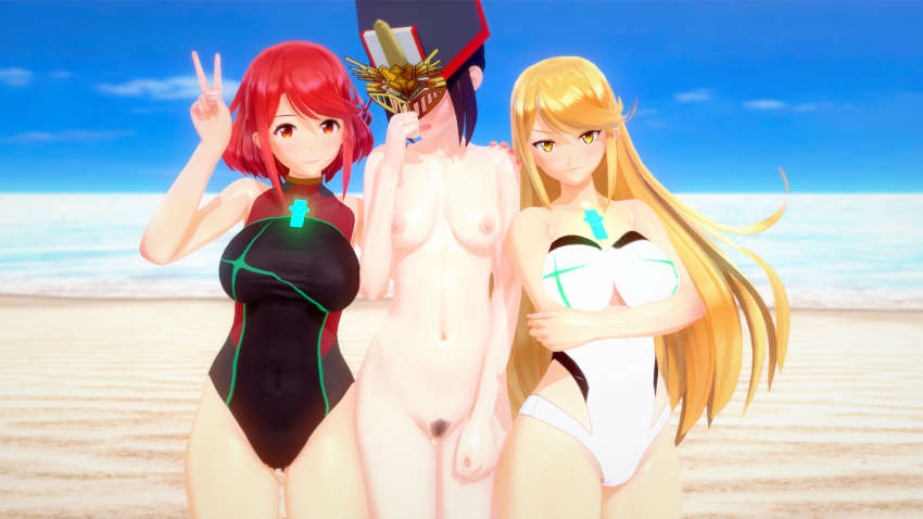 3d 3girls annoyed areola areolae bangs beach big_boobs big_breasts black_hair black_pubic_hair blonde blonde_hair blonde_hair_female boobs breasts closed_mouth core_crystal dark_hair dume embarrassed embarrassed_nude_female enf female female_focus female_only female_pubic_hair headwear humiliated humiliation koikatsu leotard light-skinned_female light_skin long_hair looking_at_viewer looking_away monolith_soft morag_ladair_(xenoblade) mythra_(xenoblade) navel nintendo nipples open_mouth outdoor_nudity outdoors outside peace_sign pubes pubes_exposed pubic_hair public_nudity pussy pyra_(xenoblade) red_eyes red_hair seaside short_hair skindentation small_breasts swimsuit swimwear vagina xenoblade_(series) xenoblade_chronicles_2 yellow_eyes