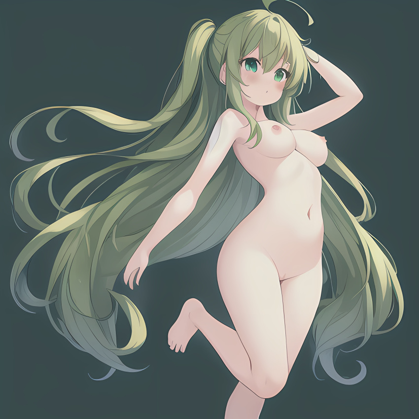 1girls 2d ahoge ai_generated bangs blush breasts color cute female female_only full_frontal_nudity green_background green_eyes green_hair human light-skinned_female light_skin long_hair medium_breasts nipples nude pose rule_34-tan rule_34_(booru) simple_background site-tan small_breasts solo