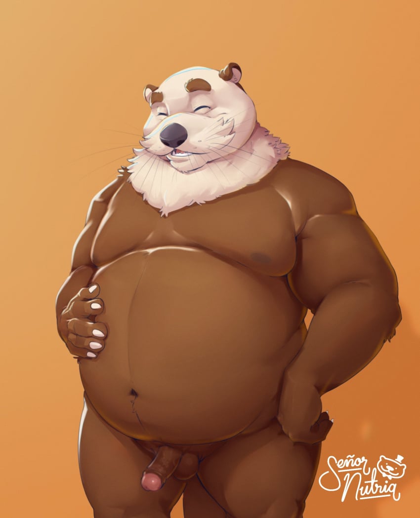 2022 anthro balls belly big_belly brown_body closed_eyes erection genitals hi_res lutrine male male_only mammal moobs mustelid nipples overweight overweight_male penis rudderbutts skrawl solo