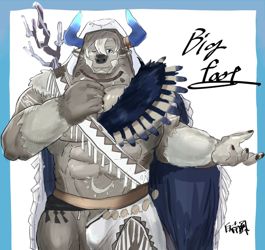 1boy abs anthro bigfoot_(tokyo_afterschool_summoners) bovid bovine cattle flaccid genitals hi_res horn lifewonders male male_only mammal muscular muscular_anthro muscular_male native_american_clothing nipples one_eye_closed pecs penis penis_base shirahae76642 solo tattoo tokyo_afterschool_summoners video_games wink