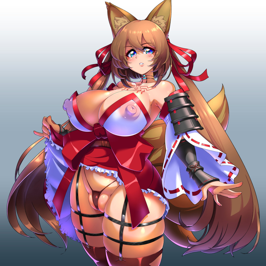 areola_slip bare_shoulders blue_eyes brown_hair caleen_keemosn choker cleavage commission detached_sleeves eyebrows_visible_through_hair fox_ear fox_girl fox_tail garter garter_belt garter_straps hair_ribbon huge_breasts kemonomimi kitsunemimi looking_at_viewer miko multiple_tails nipples_visible_through_clothing runes ryoi skirt_lift star_ocean star_ocean_anamnesis thick_thighs thighhighs thong twintails very_long_hair wide_hips