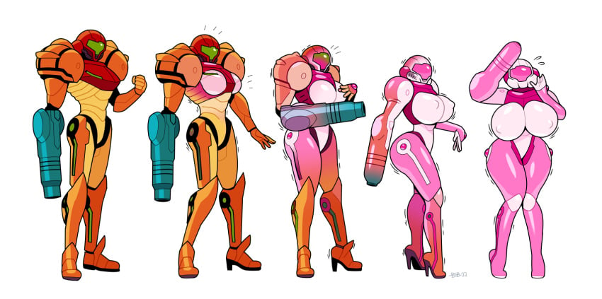 ass_expansion bimbo bimbofication blackshirtboy breast_expansion female high_heels huge_ass huge_breasts metroid samus_aran skin_color_change thick_thighs thigh_expansion transformation transformation_sequence wide_hips