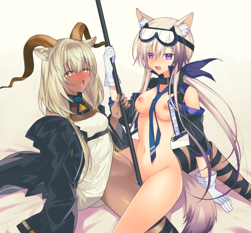 2girls animal_ears arknights beeswax_(arknights) black_collar black_jacket blush breasts brown_hair cardigan_(arknights) collar commission dark-skinned_female dark_skin dog_ears dog_girl dog_tail dress gloves goat_ears goat_girl goat_horns goggles goggles_on_head highres holding holding_staff horns id_card infection_monitor_(arknights) jacket lololotton long_hair medium_breasts multicolored_hair multiple_girls naked_jacket neckerchief no_panties off_shoulder open_clothes open_jacket purple_eyes purple_hair purple_neckerchief skeb_commission small_breasts staff streaked_hair tail tribadism white_dress white_gloves yellow_eyes yuri