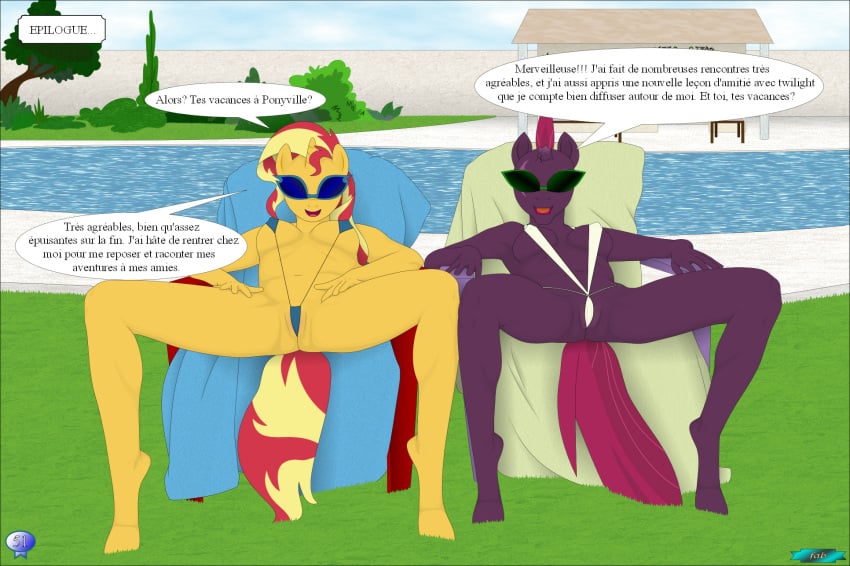 2girls anthro bikini breasts clothing duo equestria_girls equid equine fab3716 female female_only french_text friendship_is_magic furry genitals hasbro hi_res horn mammal my_little_pony my_little_pony:_the_movie_(2017) nude pussy sunset_shimmer swimming_pool swimwear tempest_shadow_(mlp) text unicorn