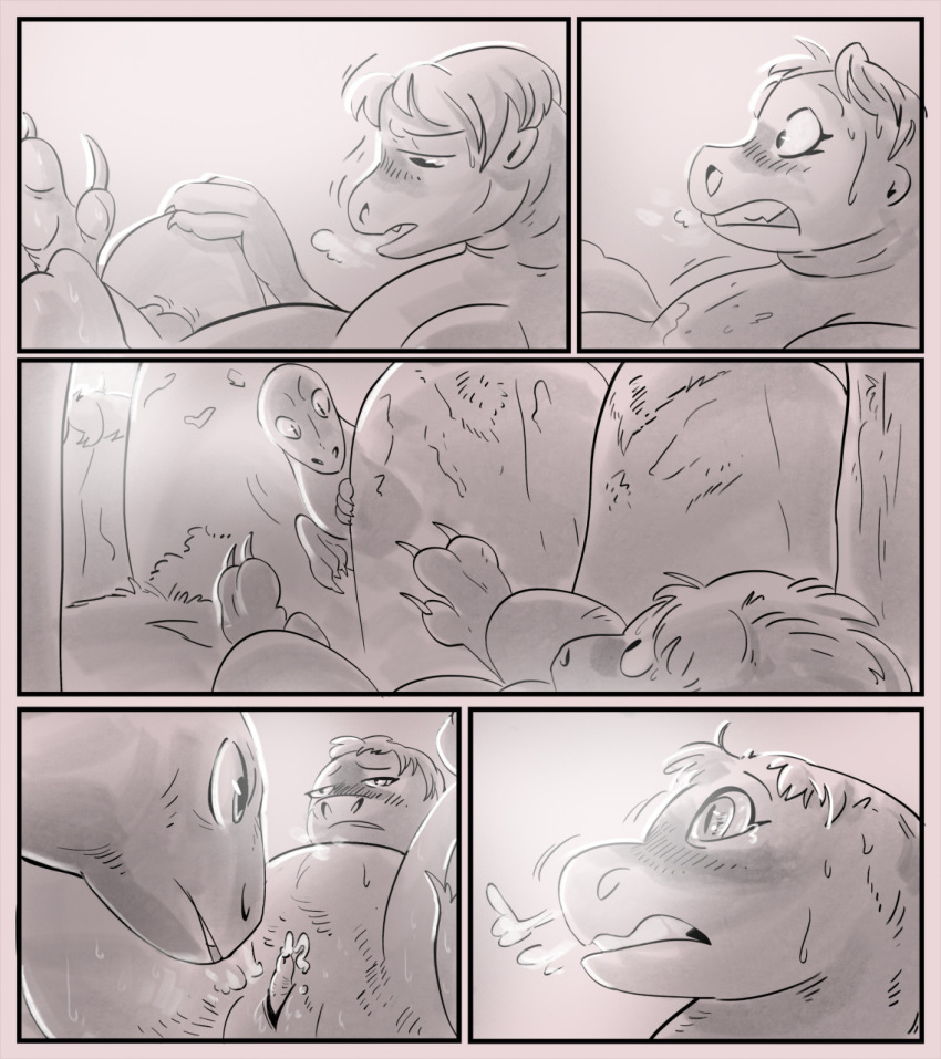 ambiguous_gender aroused bedroom_eyes blush claws comic dinosaur dromaeosaurid female feral gender_transformation hi_res human male mammal mid_transformation monochrome mtf_transformation narrowed_eyes penis_shrinking reptile scalie seductive species_transformation theropod transformation zoba_(artist)