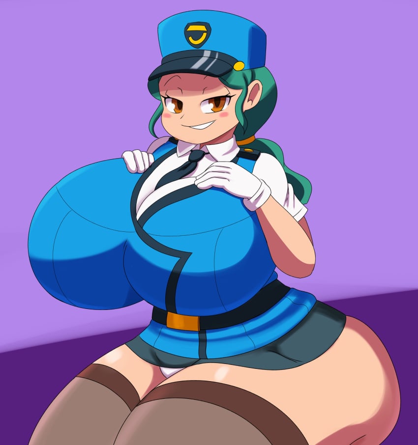 1girls ass big_ass big_breasts breasts bubble_butt busty clothing dat_ass dumptruck_ass fat_ass female female_only green_hair huge_breasts large_breasts looking_at_viewer mechspazer nintendo officer_jenny_(kalos) officer_jenny_(pokemon) panties pokemon police_uniform sitting smile solo thick_thighs thunder_thighs wide_hips