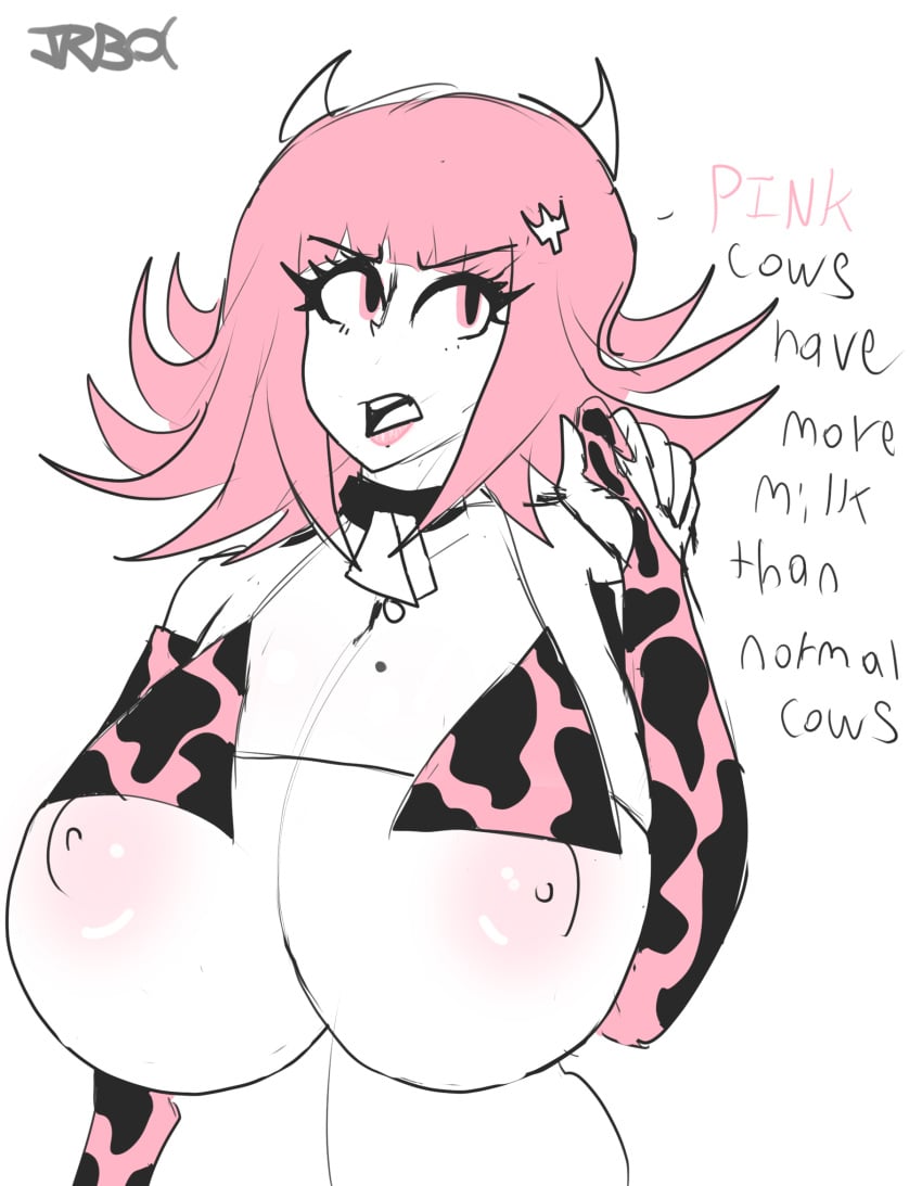 bikini bikini_bottom bikini_top breasts cow_bell cow_girl cow_horns cow_print cow_print_bikini danganronpa danganronpa_2:_goodbye_despair exposed_breasts female_only jrbetaalpha large_breasts nanami_chiaki straight_hair super_danganronpa_2