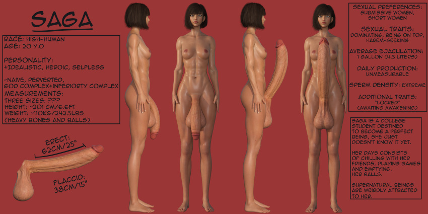 1futa 3d 3d_(artwork) abs absurd_res absurdres bob_cut breasts brown_hair character_name character_profile character_sheet circumcised dark-skinned_futanari dark_skin dickgirl english english_text flaccid flat_chested frenulum_attached futa_only futanari gigantic_penis hi_res high_resolution highres huge_balls huge_cock huge_testicles hyper hyper_penis intersex large_penis lekka long_penis massive_penis measurements medium_breasts muscles muscular_female muscular_futanari muscular_thighs nipples penis saga_(lekka) solo solo_futa standing thick_thighs veiny_penis