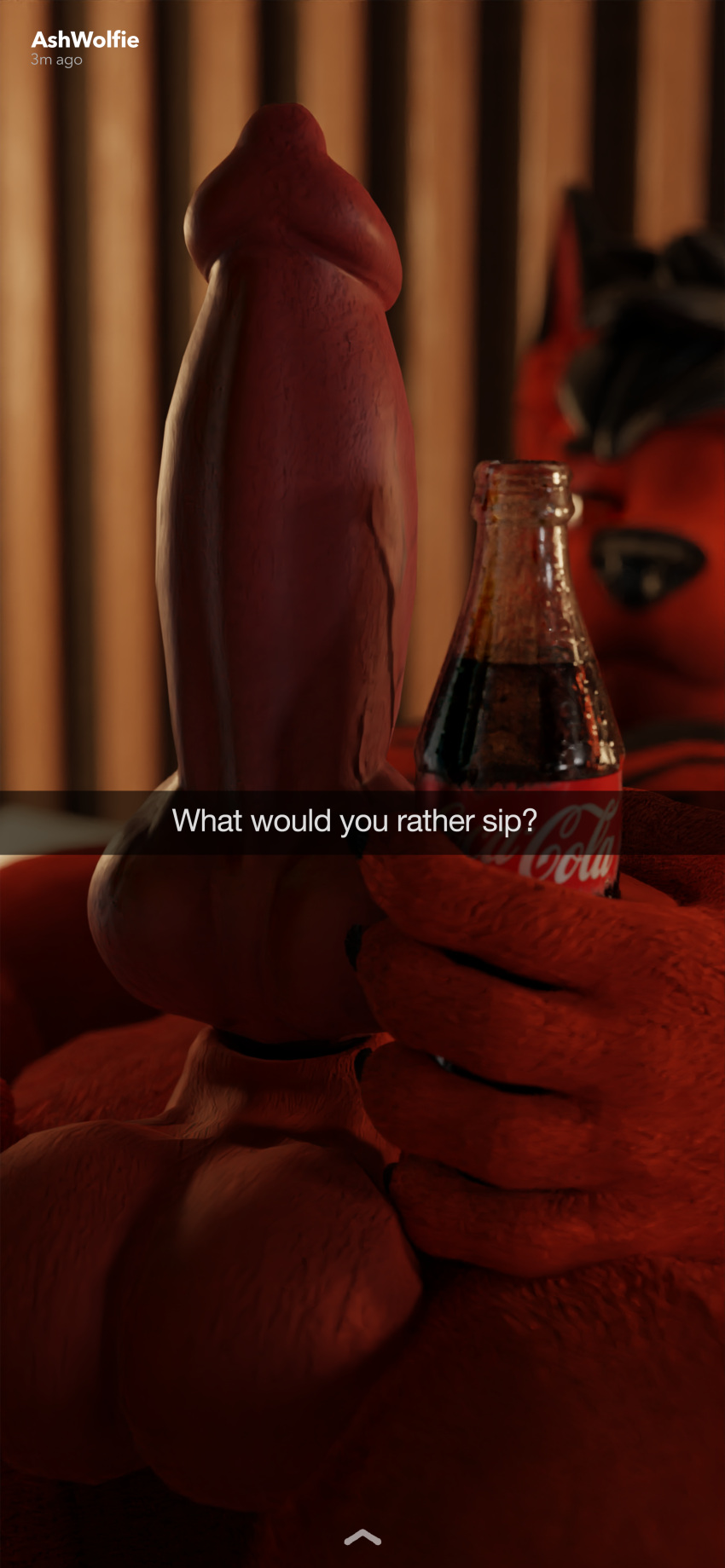 2022 2k 3d_(artwork) absurd_res anthro ashwolfie ashwolfie_(character) balls big_penis blender_(software) blender_cycles canid canine canis coca-cola colored comparison depth_of_field digital_media_(artwork) dominant dominant_male erection fur genitals hi_res male mammal muscular muscular_anthro muscular_male nude penis penis_size_difference photo photorealism red_wolf rendered snapchat solo wolf