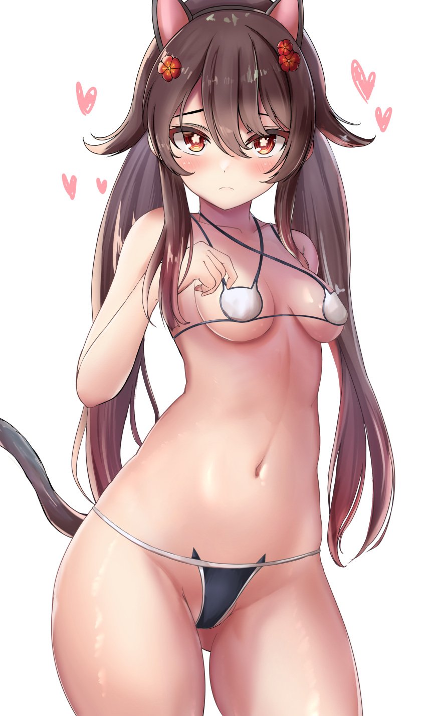 1girls blush breasts cat_ears cat_tail catgirl female female_only genshin_impact hearts_around_head hu_tao_(genshin_impact) medium_breasts navel solo solo_female star-shaped_pupils takenoko_pengin thick_thighs thighs white_background