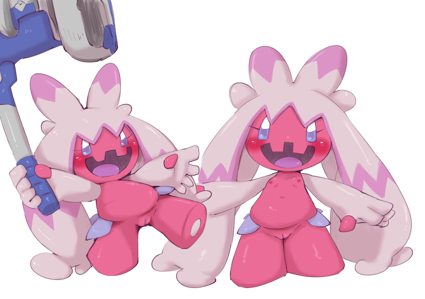 2022 5_fingers absurd_res belly blush breasts digital_media_(artwork) doneru duo dwarfism eyelashes female fingers generation_9_pokemon genitals hair hammer hi_res humanoid humanoid_genitalia long_hair looking_at_viewer melee_weapon nintendo nipples noseless nude open_mouth open_smile pink_body pink_hair pokémon_(species) pokemon pokemon_(species) pokemon_sv pussy short_stack shortstack simple_background small_breasts smile tinkaton tools video_games weapon white_background