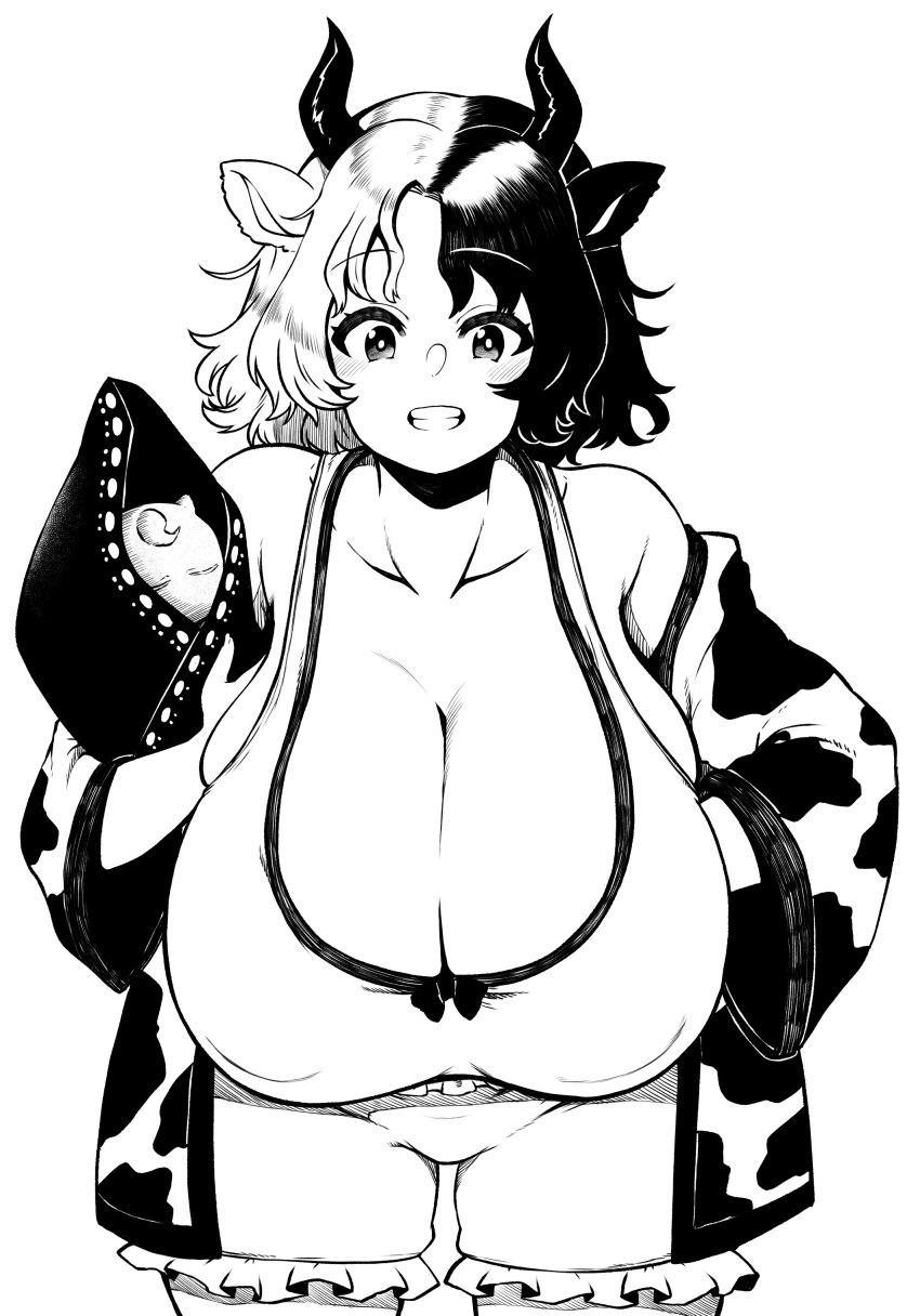 absurdres animal_ears animal_print breasts cleavage cow_ears cow_horns cow_print female frilled_shorts frills gigantic_breasts haori highres himajin_noizu horns japanese_clothes leaning_forward looking_at_viewer monochrome multicolored_hair short_hair shorts simple_background solo split-color_hair statue teeth touhou urumi_ushizaki