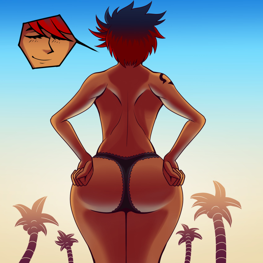 ass big_ass big_butt blue_hair bubble_butt closed_eyes danivere_(dual_dragons) dual_dragon female from_behind hands_on_ass multicolored_hair omega_symbol palm_tree panties red_hair short_hair simple_background smile tattoo tomboy topless wide_hips