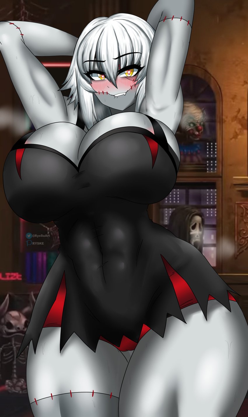 1girls big_breasts big_thighs breasts busty female female_only hands_behind_head heart-shaped_pupils huge_breasts huge_thighs large_breasts large_thighs ryosuart ryske solo solo_female thick_thighs thighs virtual_youtuber voluptuous vshojo zentreya zentreya_(cyborg) zombie zombie_girl