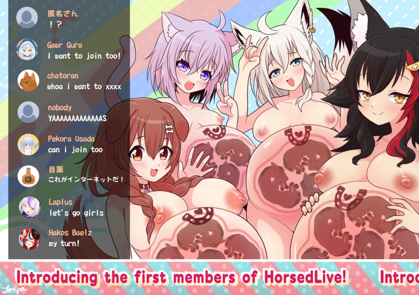 4girls ahoge bestiality_pregnancy big_breasts black_hair breasts brown_eyes brown_hair catgirl chat chat_box completely_nude doggirl equine female female_focus female_only feral fetus foal foxgirl gawr_gura green_eyes happy hololive hololive_english hololive_gamers horse horseshoe_tattoo hyper_belly hyper_pregnancy in_utero interspecies_pregnancy inugami_korone kemono kemonomimi large_breasts long_hair lospa lospa_mog multiple_girls multiple_pregnancies naked_collar nekomata_okayu nude nude_female ookami_mio open_mouth orange_eyes peace_sign pregnant pregnant_female pregnant_with_multiples purple_eyes purple_hair queen_of_horseshoes recording shirakami_fubuki smile smiling streaming tail tattoo uterus virtual_youtuber vtuber waving what what_the_fuck what_the_fuck_is_this white_hair x-ray xray_view zoophilia