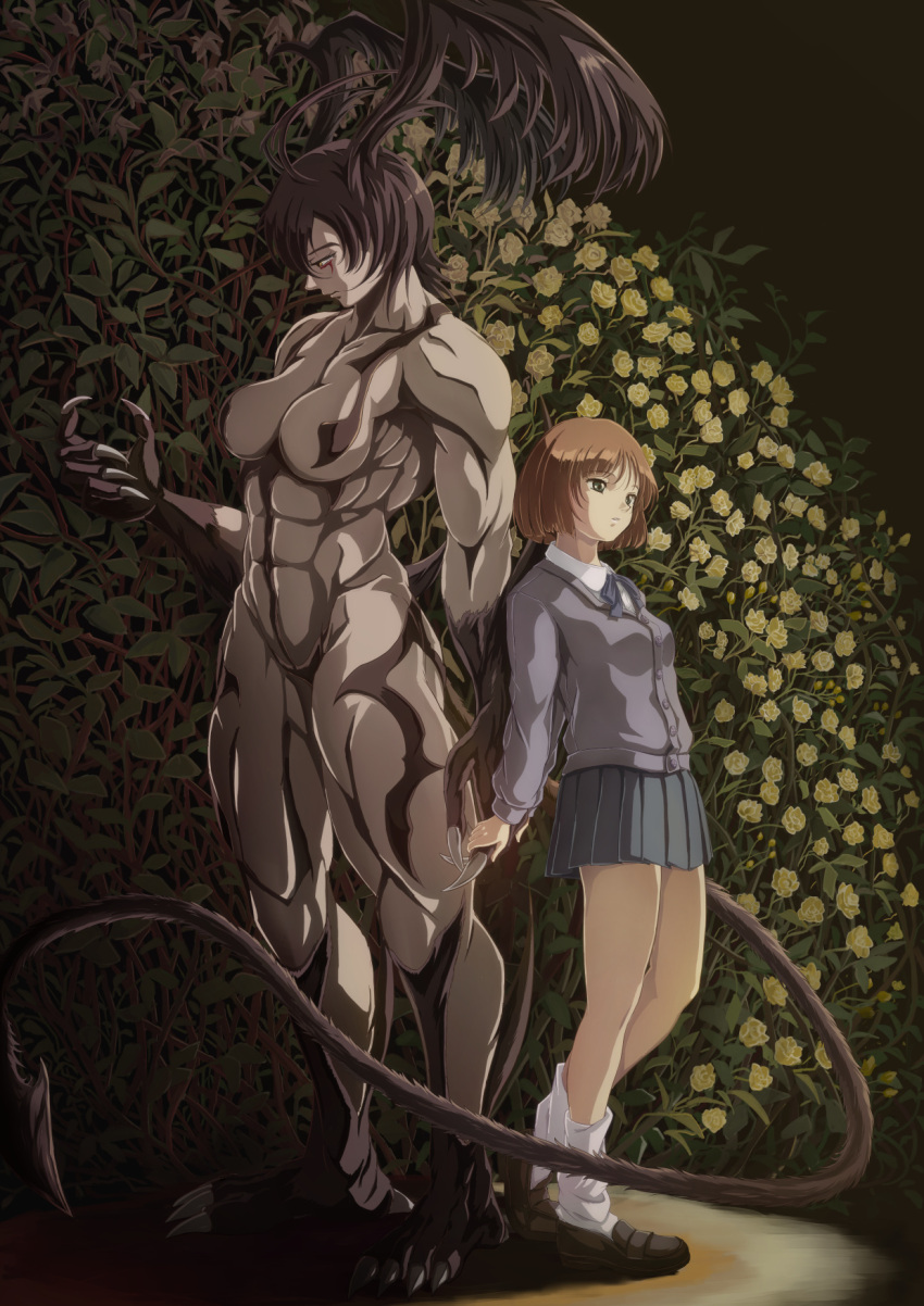 abs antenna_hair athletic_female barefoot belly_button bowtie breasts brown_hair bush calf_muscles claws demon_girl devilman devilman_lady feet fit_female flower green_eyes jun_fudo kazumi_takiura large_breasts monster_girl muscular muscular_arms muscular_female muscular_legs muscular_thighs navel nude school_uniform six_pack skirt tail tall_female yellow_eyes yellow_flower