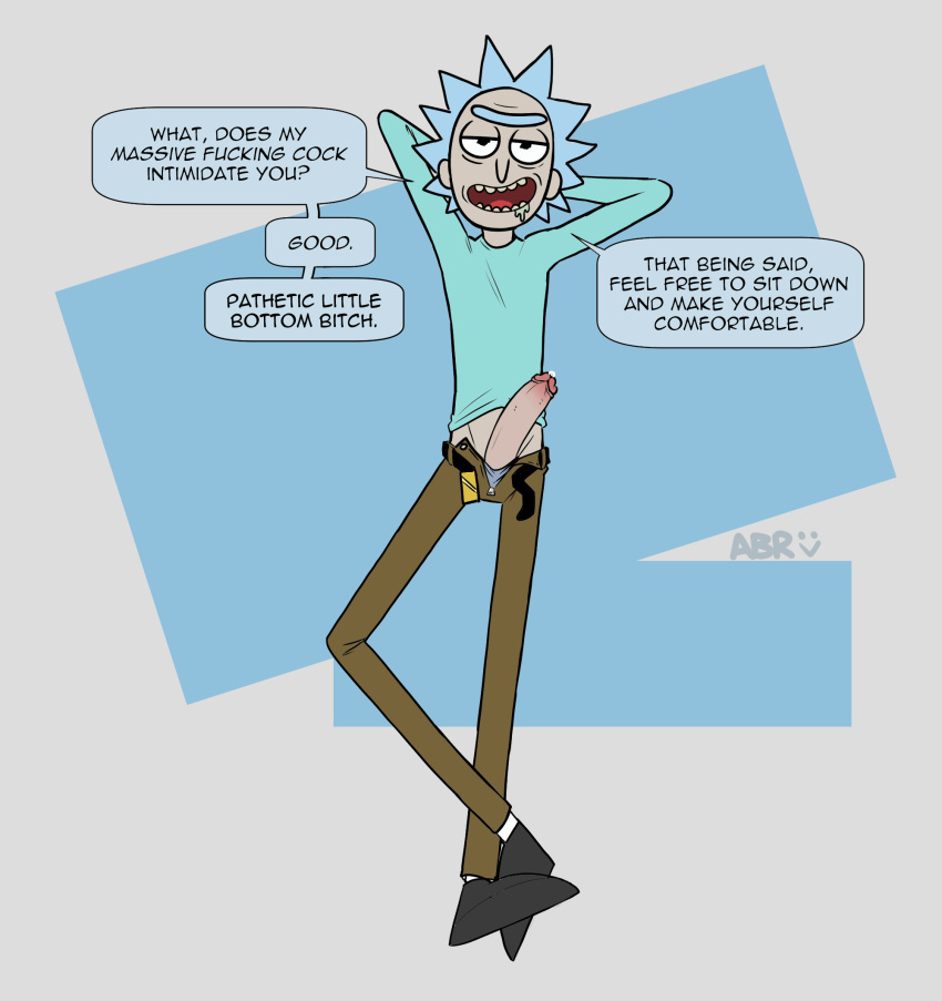 1boy abigrock blue_hair color dialogue exposed_penis male male_only older_male rick_and_morty rick_sanchez simple_background solo solo_male teasing