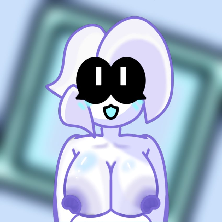 blue_background blush breasts cptdiner_(artist) female interactive_mrs._pizza looking_up mrs._pizza nipples no_clothes purple_nipples scratchers_(species) shiny_breasts standing tagme that_pizza_tower_fan white_hair white_skin youtuber youtuber_girl