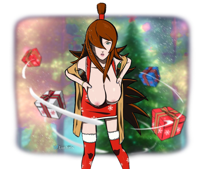 1girls big_breasts breast_grab breasts breasts_out brown_hair christmas christmas_outfit christmas_tree dress female female_only fur_trim gift_box grabbing_own_breast green_eyes large_breasts lipstick looking_at_viewer luthris makeup mature mature_female mei_terumi naruto naruto_(series) naruto_shippuden open_clothes presenting presenting_breasts red_socks sagging_breasts socks solo solo_female solo_focus thigh_socks thighhighs voluptuous