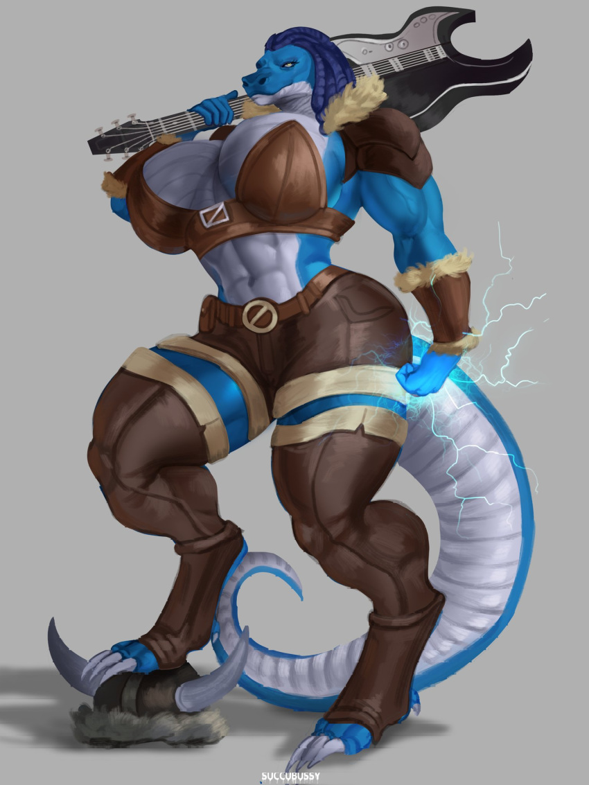 anthro big_breasts blue_hair blue_skin breasts bremonqueen brown_clothing female guitar lighting lizard lizard_girl muscular muscular_female oc original original_character scales scalie shorts solo solo_female toned toned_female