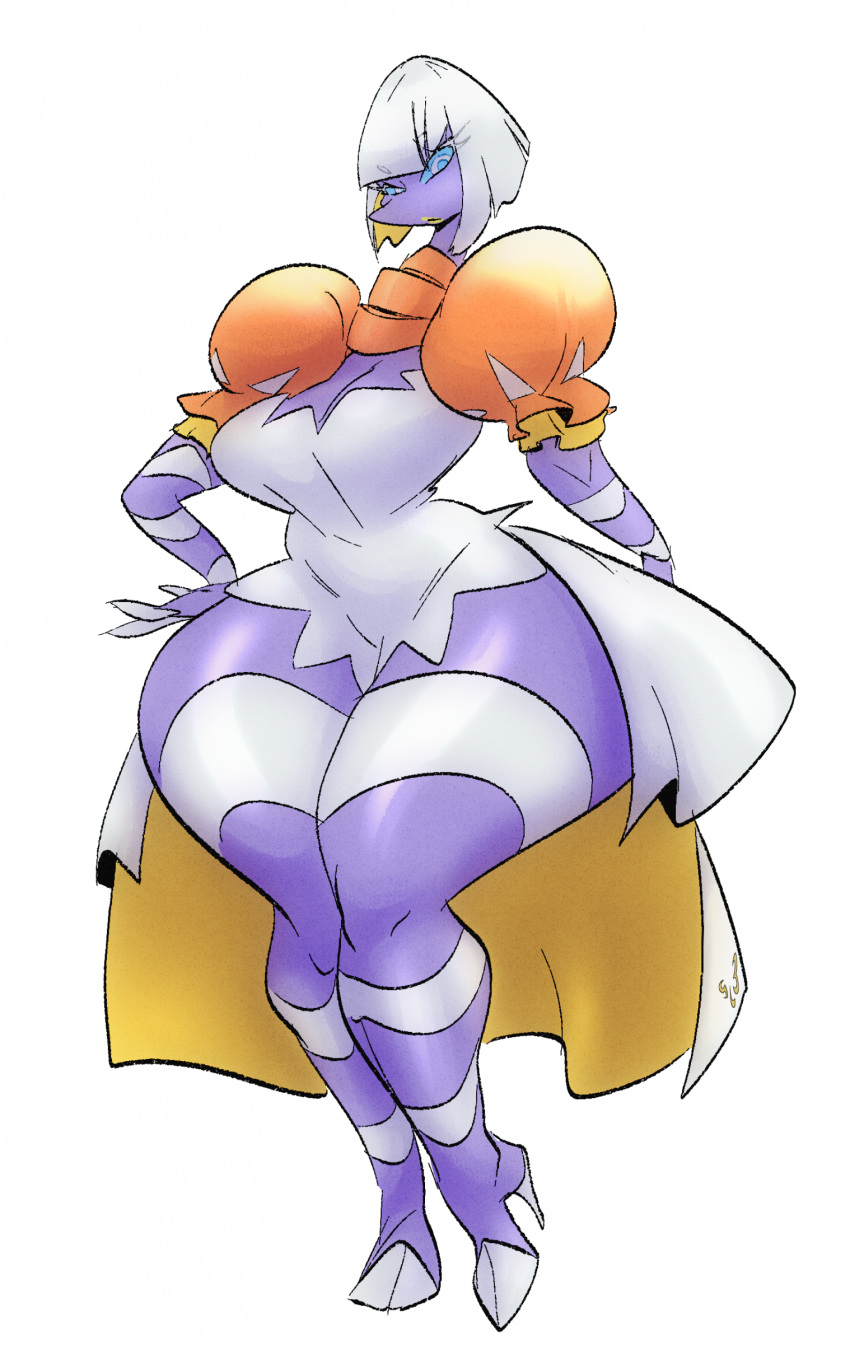 1girls anthro anthrofied big_breasts breasts clothed clothing cuespatra espathra female female_only hand_on_hip lipstick nintendo pokémon_(species) pokemon purple_body slb solo thick_thighs video_games white_hair wide_hips