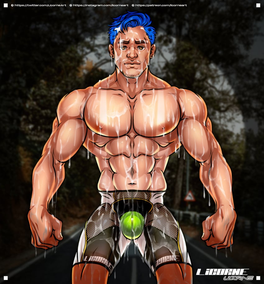 abs bike_shorts blue_hair bukkake cum cycling excessive_cum ken_(licorneart) licorneart light-skinned_male light_skin muscular muscular_male pecs tan_lines