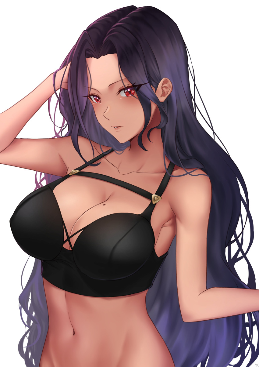 1girls bare_shoulders belly_button big_breasts black_bra black_hair bra cleavage drawtasu exposed_shoulders latina looking_at_viewer midriff mole mole_on_breast navel nijisanji nijisanji_en red_eyes scarle_yonaguni solo solo_female solo_focus underwear virtual_youtuber