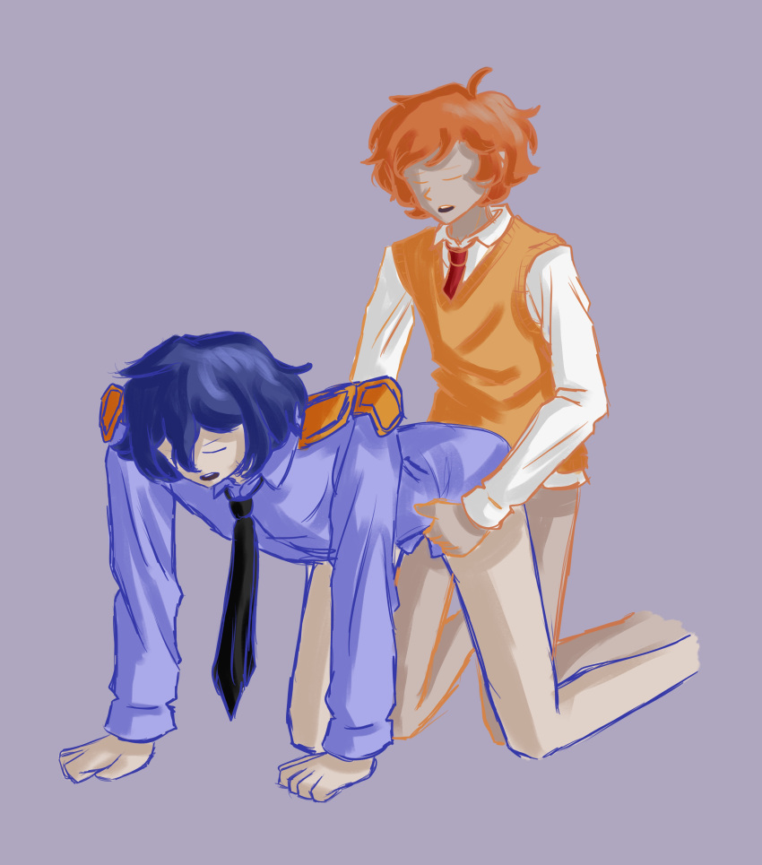 blue_hair closed_eyes danganronpa danganronpa_another doggy_style fanganronpa gay half-dressed holding_onto_partner implied_penetration kinjo_tsurugi maeda_yuki orange_hair straight_hair yaoi