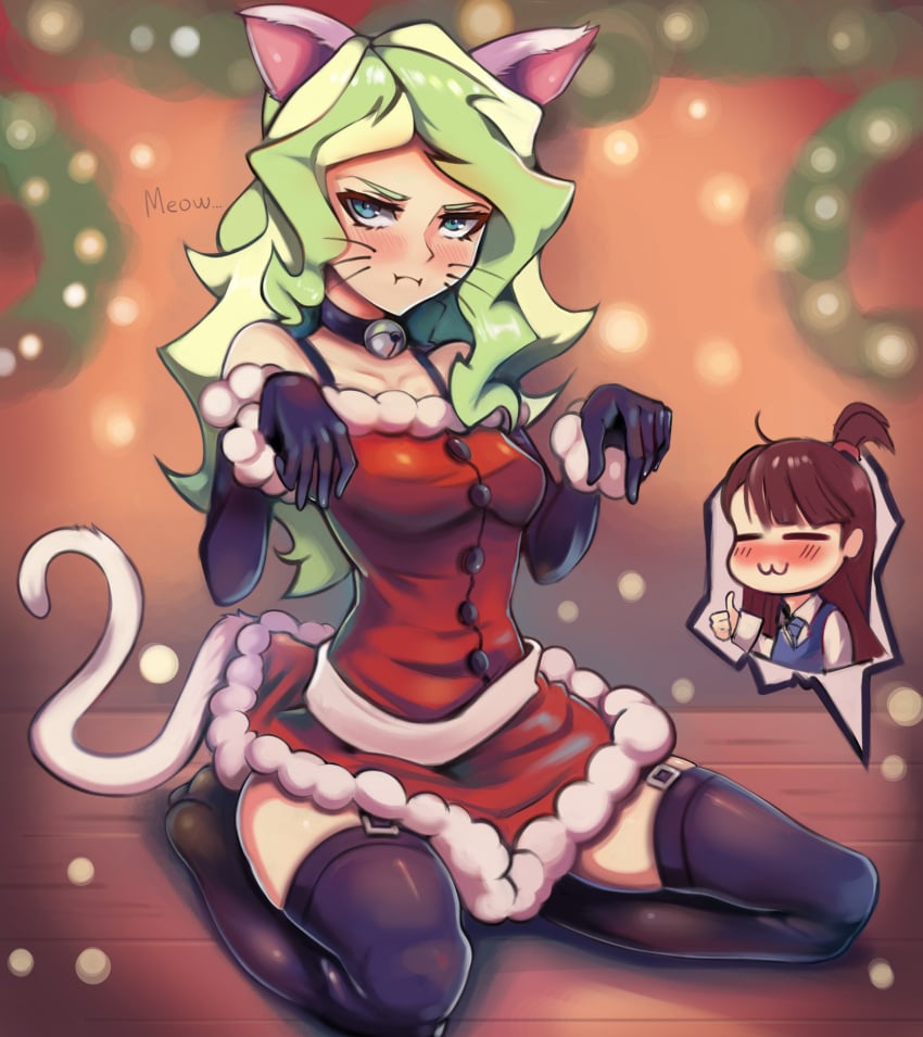 2girls akko_kagari begging_pose cat_ears cat_pose cat_tail choker christmas diakko diana_cavendish green_hair highres little_witch_academia looking_at_partner paw_pose reluctant santa_costume small_breasts solo_female stockings thighhighs toasty_scones