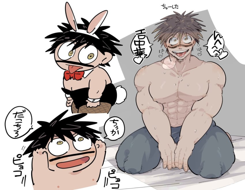 black_hair blush breath bunny_ears bunnysuit chibi crazy_eyes dgz_0 drooling facial_tattoo japanese_text kengan_(series) kengan_ashura kengan_omega looking_at_viewer male male_only meguro_masaki muscular muscular_male smile solo sweat tan_skin topless topless_male wide_eyed