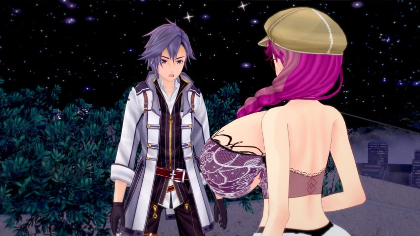 1boy 1girls 3d 3d_(artwork) beret black_hair bra curvaceous curvy curvy_figure emma_millstein enormous_breasts huge_breasts human koikatsu large_breasts long_hair magenta_hair night nighttime outdoors outside purple_hair rean_schwarzer red_hair rhcpftw sen_no_kiseki short_hair thick_thighs trails_of_cold_steel video_games