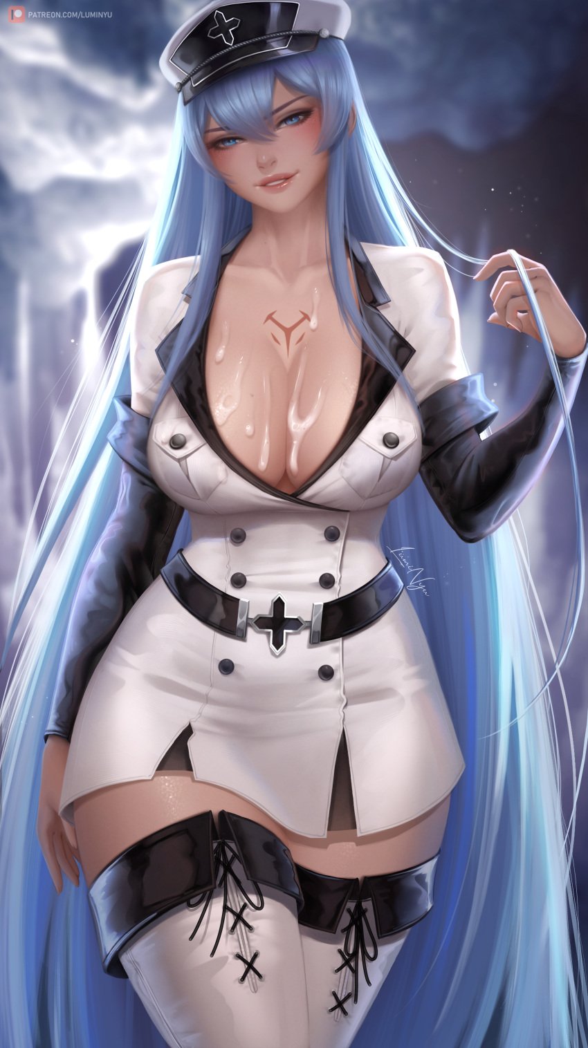 1girls 2020s 2022 absolute_territory akame_ga_kill! alone artist_signature ass bangs belt big_ass big_breasts big_butt blue_eyes blue_hair breasts bubble_butt busty cleavage cleavage_cutout clothed clothing cum cum_between_breasts cum_drip cum_on_body cum_on_breasts cum_on_chest cum_on_collar cum_on_upper_body cumshot cute esdeath_(akame_ga_kill!) female female_focus female_only hartman_hips hat hips hourglass_figure huge_breasts large_breasts long_hair luminyu military military_uniform open_clothes open_clothing open_jacket open_shirt patreon_username pinup smile smiling solo solo_female solo_focus tall tall_female tall_girl taller_female taller_girl tattoo thick_thighs thighs thunder_thighs thunderthighs very_long_hair villain walking wide_hips