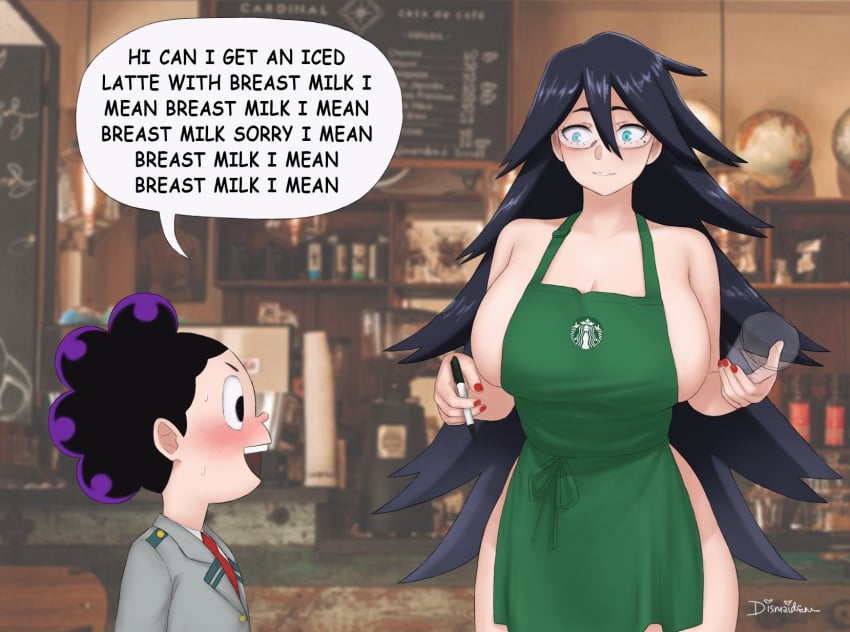 apron apron_only barista big_ass bursting_breasts cleavage dismaiden female huge_breasts iced_latte_with_breast_milk light-skinned_female light_skin male meme midnight_(my_hero_academia) minoru_mineta my_hero_academia nemuri_kayama shounen_jump sideboob starbucks thick_thighs wide_hips