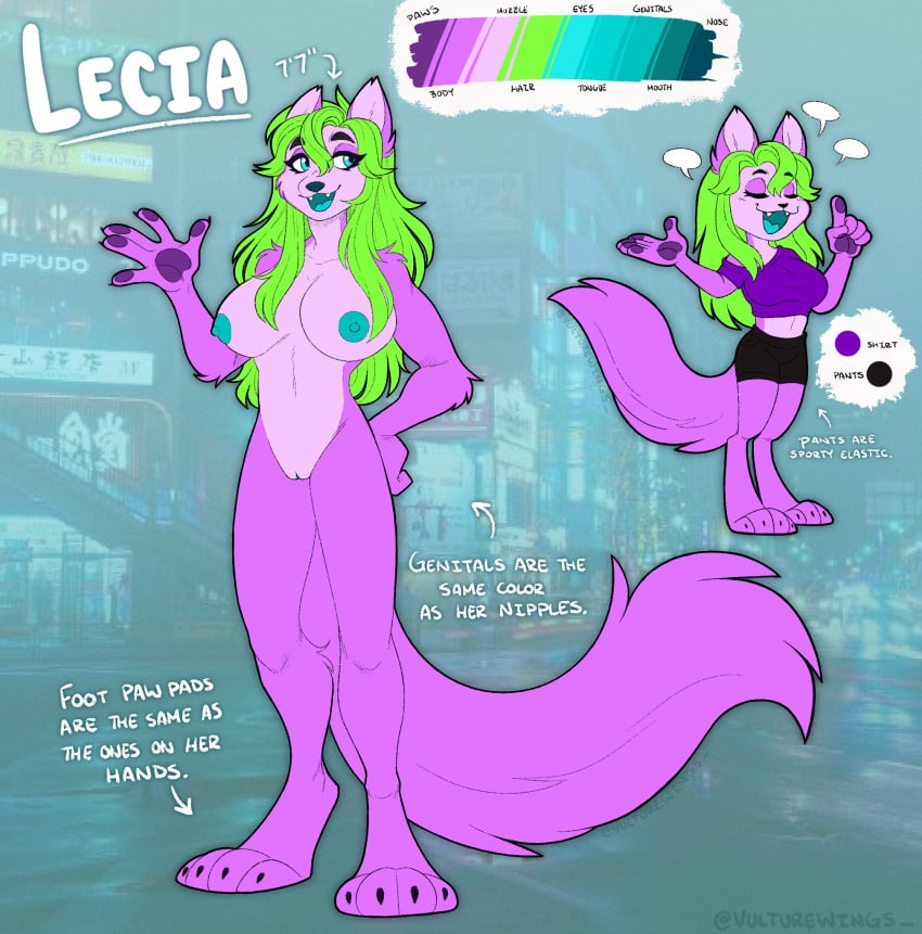 anthro blue_eyes blue_nipples bottomwear clothing cougar digitigrade felid feline female fur green_hair hair hi_res lecia mammal model_sheet nipples pantherine purple_body purple_fur shirt shorts solo topwear vulturewings