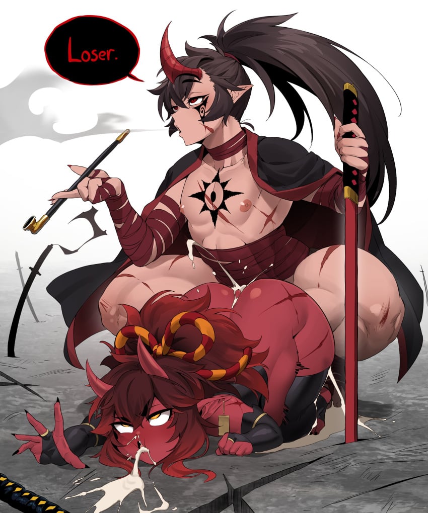 absurd_res ain(in) anal anal_sex areola asian_mythology bodily_fluids cum cum_from_mouth cum_in_ass cum_in_mouth cum_inside cum_through demon demon_humanoid demon_king demon_king_(in) demon_king_(in_30000) duo east_asian_mythology english_text femboy femboydom genital_fluids hair hi_res holding_object horn horned_humanoid humanoid humanoid_on_humanoid humanoid_penetrated humanoid_penetrating humanoid_penetrating_humanoid humanoid_pointy_ears in_30000 japanese_mythology katana kiseru long_hair male male/male male_penetrated male_penetrating male_penetrating_male melee_weapon mythology nipples not_furry oni penetration penile penile_penetration penis_in_ass scar sex smoking smoking_pipe sword text trash_talk weapon youkai