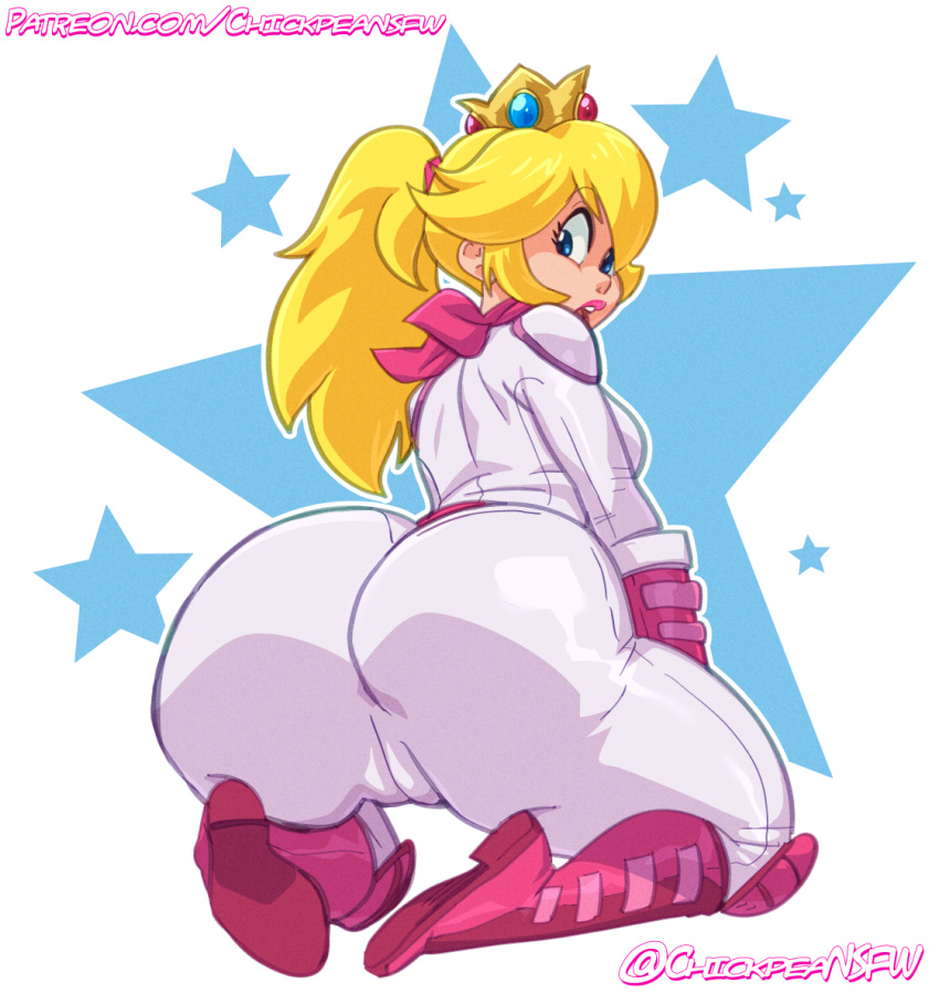 1girls 2022 ascot ass ass_focus big_ass big_butt blonde_hair blue_background blue_eyes bodysuit boots cameltoe chickpea clothing colored crown female female_only full_body fully_clothed huge_ass huge_butt kneeling kneepads looking_at_viewer looking_back looking_over_shoulder mario_(series) nintendo open_mouth png ponytail presenting_hindquarters princess_peach signature simple_background skin_tight solo star star_background super_mario_bros._(2023_film) tight_clothing white_background