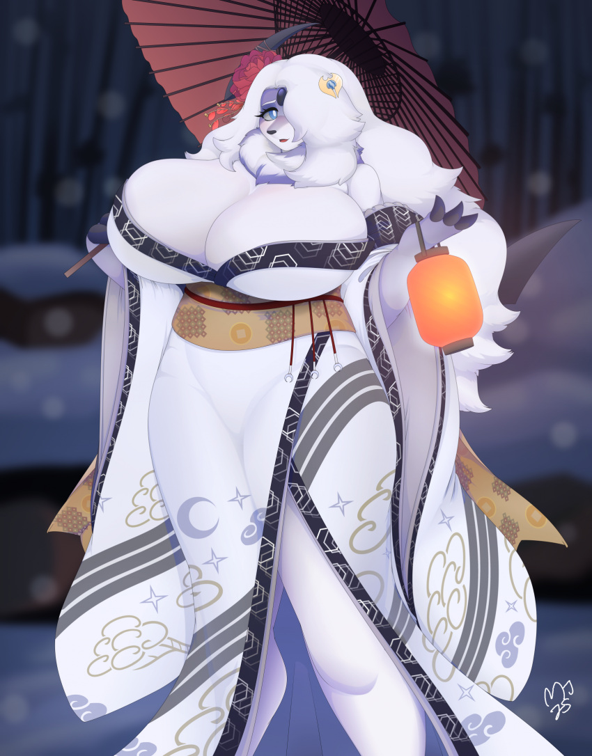 absol anthro braless cleavage furry generation_3_pokemon hair_over_one_eye huge_breasts kimono lantern large_breasts long_hair mammal metaljaw75 oc original_character outdoors outside pokemon pokemon_(species) snow solo solo_female umbrella