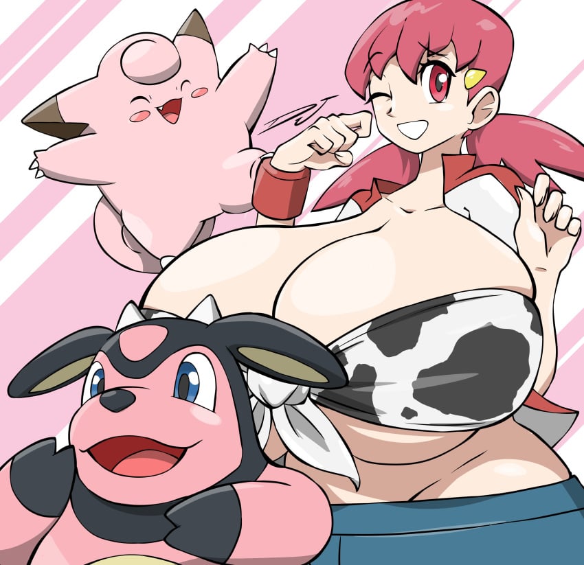 1girls alternate_breast_size big_breasts breasts cleavage clefairy clothing cow_print cow_print_bikini djthepokemen female hair huge_breasts large_breasts miltank pokemon pokemon_hgss red_hair solo_female voluptuous whitney_(pokemon)