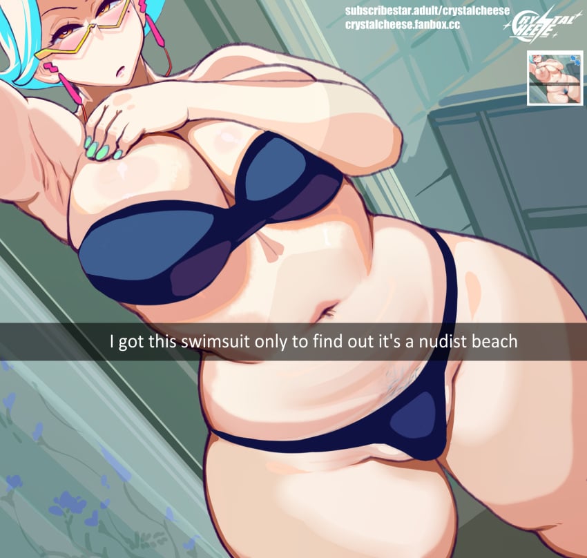 1girls blue_hair caption cellulite clothing crystalcheese female female_only glasses looking_at_viewer milf mother nude_beach nudist_beach original painted_nails selfie slightly_chubby snapchat solo sumuzu_(crystalcheese) swimsuit thick_thighs thunder_thighs two_piece_swimsuit wide_hips yellow_eyes