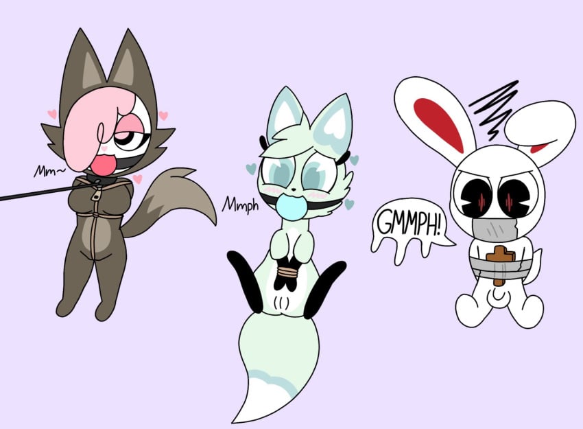 anthro arctic_fox ball_gag blush bondage bound bovid canid canine caprine chikn_nuggit cofi_(chikn_nuggit) cross female feral fox gag hi_res iscream_(chikn_nuggit) lagomorph leporid male mammal rabbit sheep slushi_(chikn_nuggit) tape tape_gag wolf_costume zxc14