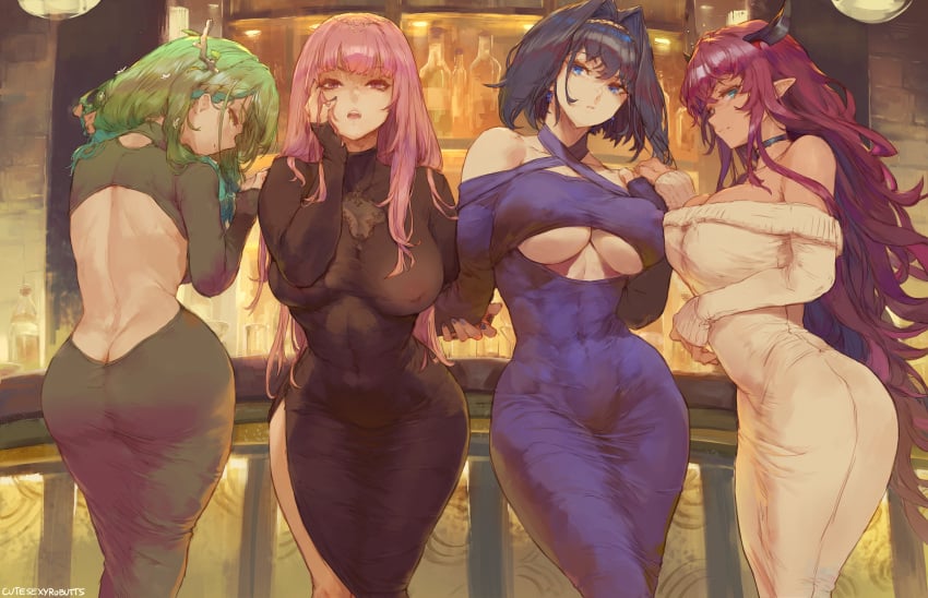 4girls absurdres ass ass_cleavage ass_in_dress bar big_ass big_breasts blue_hair breasts butt_crack ceres_fauna cutesexyrobutts dress female female_only formal green_hair hartman_hips hips hololive hololive_english hololive_english_-council- hololive_english_-promise- hololive_myth hourglass_figure irys light_skinned_female mori_calliope multiple_girls ouro_kronii pink_hair red_hair underboob virtual_youtuber voluptuous wide_hips