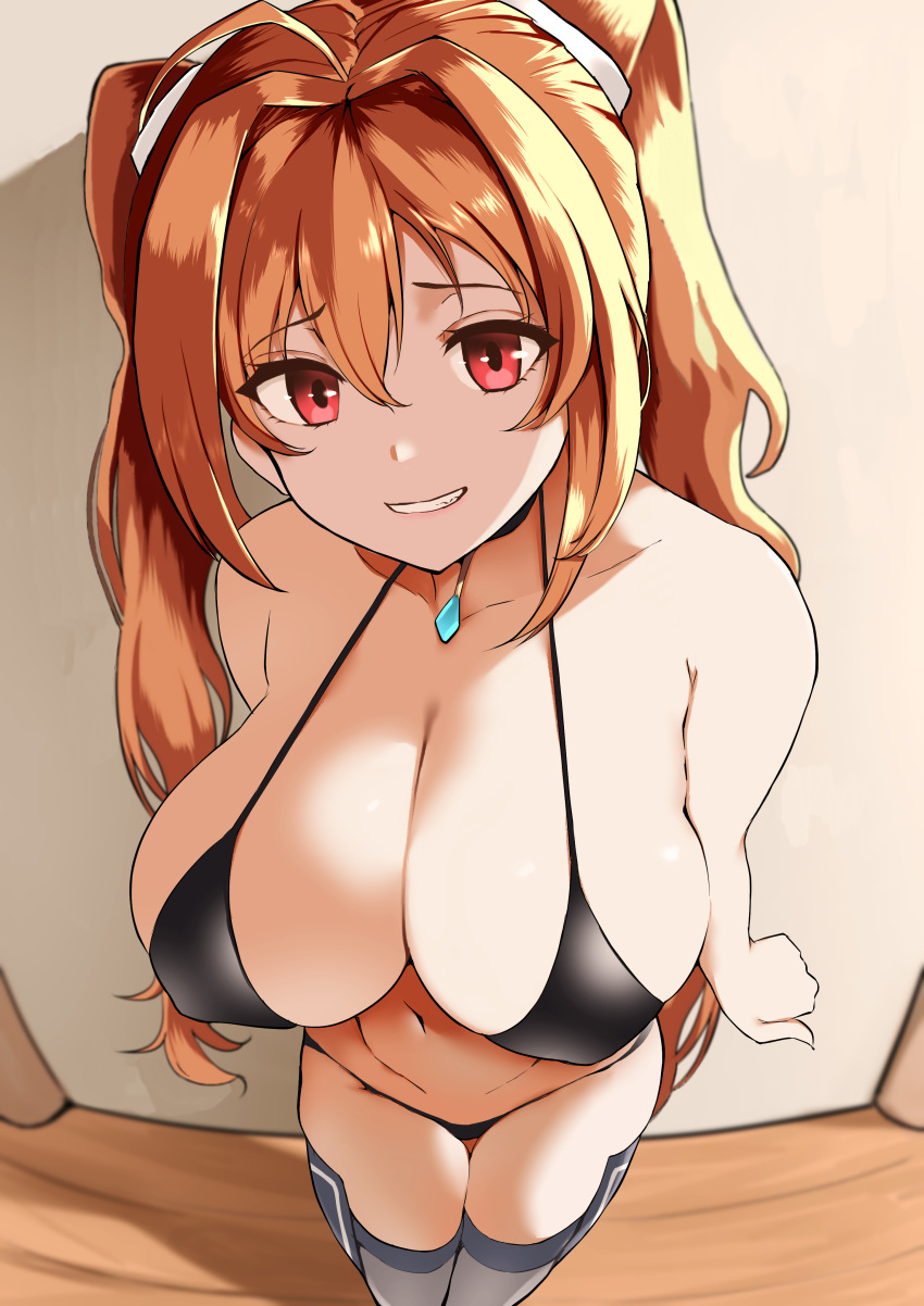 1girls big_breasts bikini black_bikini blush breasts brown_hair busty cleavage eiyuu_densetsu estelle_bright female female_only from_above grin highres hijiri_kogome large_breasts legend_of_heroes legs light-skinned_female light_skin long_hair looking_at_viewer navel red_eyes sensual smile sora_no_kiseki swimsuit thick_thighs thighs thong_bikini trails_of_(series) twintails voluptuous