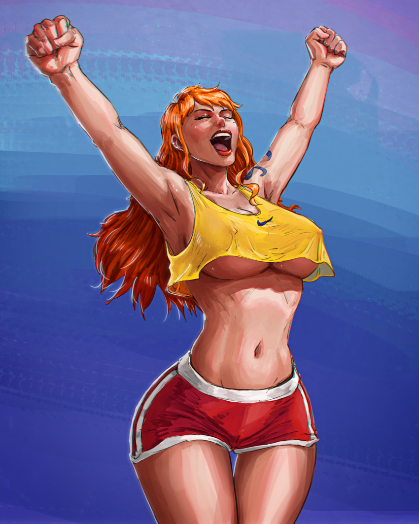 1girls aliasartwork arm_up big_breasts booty_shorts breasts busty cheering clothing crop_top curvy exposed_midriff female female_only lipstick long_hair midriff nami nami_(one_piece) nipple_bulge nipples nipples_visible_through_clothing one_piece orange_hair post-timeskip red_lipstick shorts shoulder_tattoo solo straight_hair tattoo thick_thighs tummy underboob voluptuous