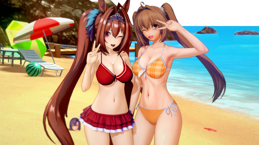 2girls 3d beach big_breasts bikini breasts brown_hair busty cleavage crossover eiyuu_densetsu estelle_bright female female_only food fruit highres large_breasts legs multiple_girls navel ocean one_eye_closed orange_bikini red_bikini red_eyes smile sora_no_kiseki swimsuit thighs twintails umamusume v voluptuous water watermelon wink