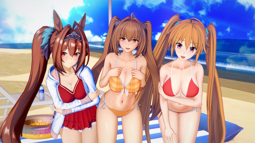 3d 3girls animal_ears arm_under_breasts beach big_breasts bikini blush breast_hold breasts brown_hair busty cleavage crossed_arms crossover daiwa_scarlet_(umamusume) eiyuu_densetsu estelle_bright female female_only front-tie_bikini_top front-tie_top hand_on_leg hand_on_own_leg hand_on_own_thigh hand_on_thigh hands_on_own_chest high_school_dxd horse_ears large_breasts leaning_forward legend_of_heroes legs long_hair multiple_girls navel ocean open_mouth orange_hair purple_eyes red_eyes shidou_irina smile sora_no_kiseki swimsuit take_your_pick thighs trails_of_(series) twintails umamusume voluptuous water