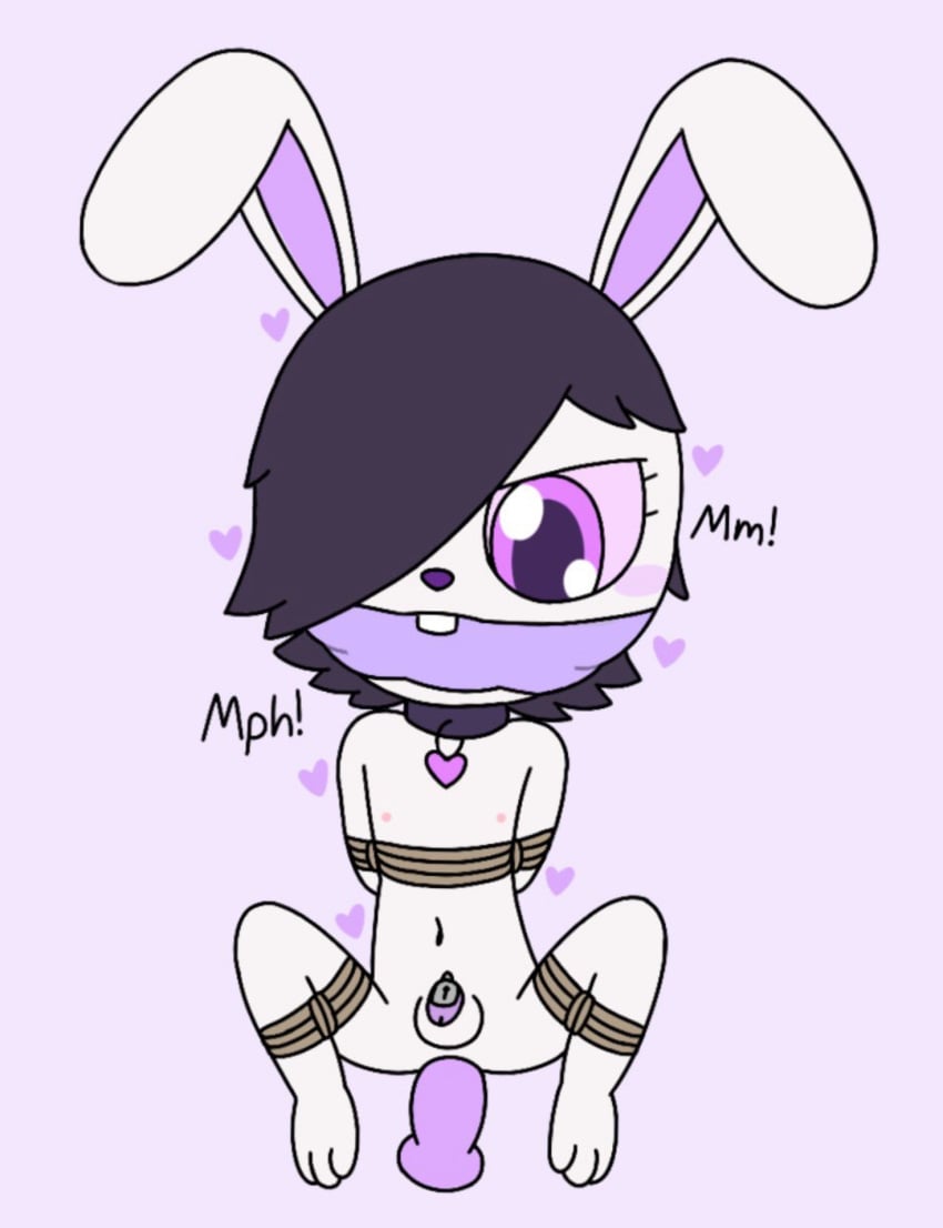 anthro black_hair blush bondage bound chastity_device cleave_gag collar dildo frogtied fur gag hair hi_res lagomorph legs_tied leporid male mammal penetration pretzi_(zxc14) rabbit restraints rope rope_bondage sex_toy solo white_body white_fur zxc14