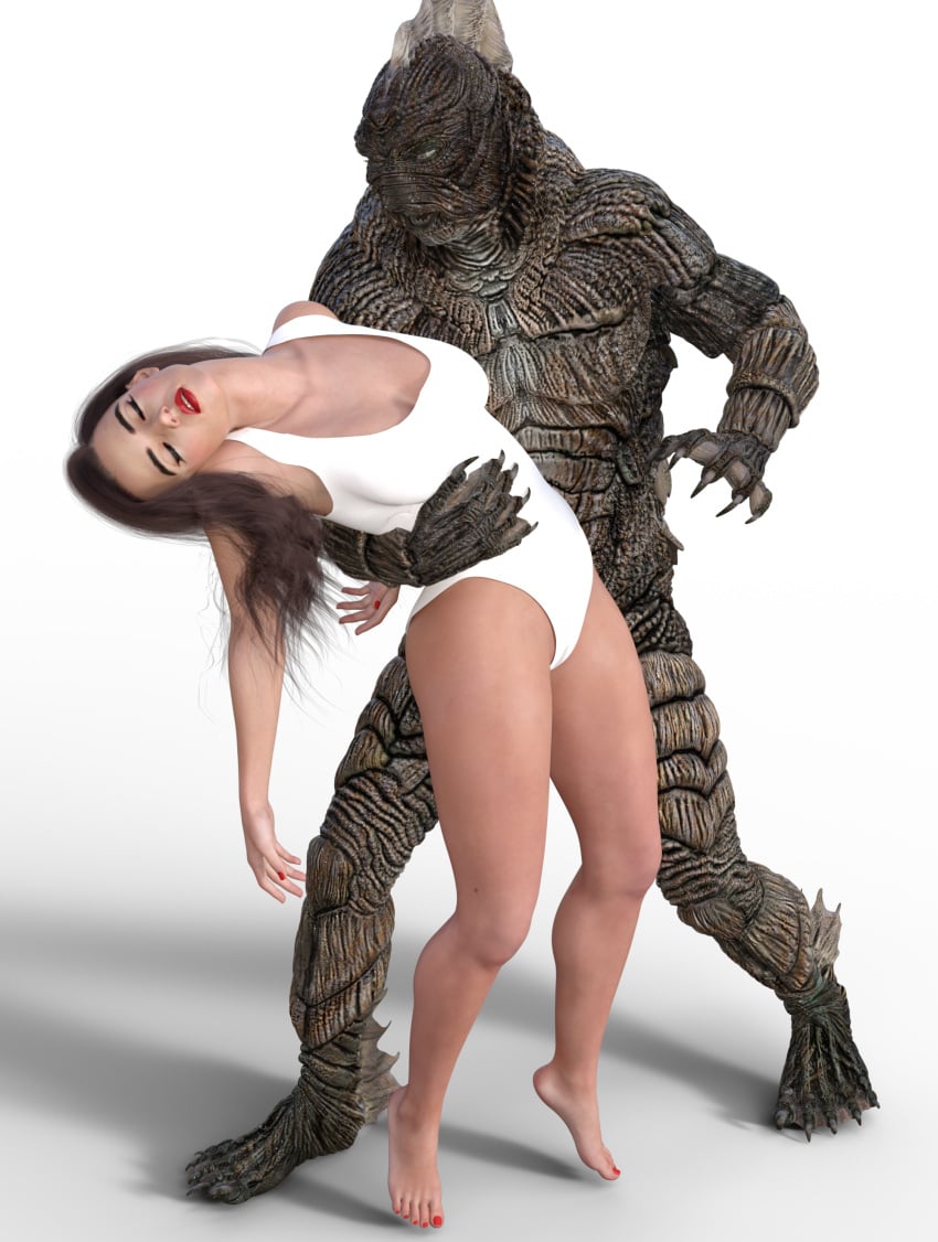 3d_(artwork) 3rd_party_edit cameltoe creature_from_the_black_lagoon faint female fishman gill-man one-piece_swimsuit unconscious