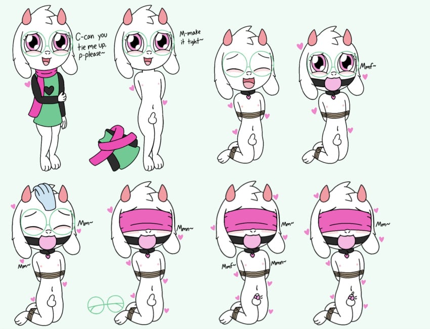 anthro ball_gag blindfold bondage boss_monster bound bovid caprine collar darkner deltarune eyewear femboy fur gag glasses goat hi_res human kris_(deltarune) male male_only mammal petplay petting ralsei roleplay rope scarf sequence sex_toy shy submissive submissive_male undertale undertale_(series) vibrator video_games white_body white_fur zxc14