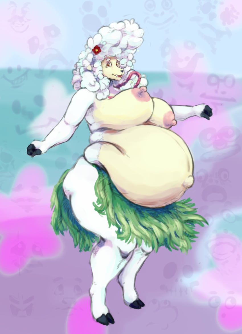 absurd_res anthro awful_lad belly big_belly bovid breasts caprine exposed_breasts female grass_skirt hi_res mammal nipples overweight overweight_female pregnant sha_(the_walten_files) sheep solo the_walten_files thick_thighs